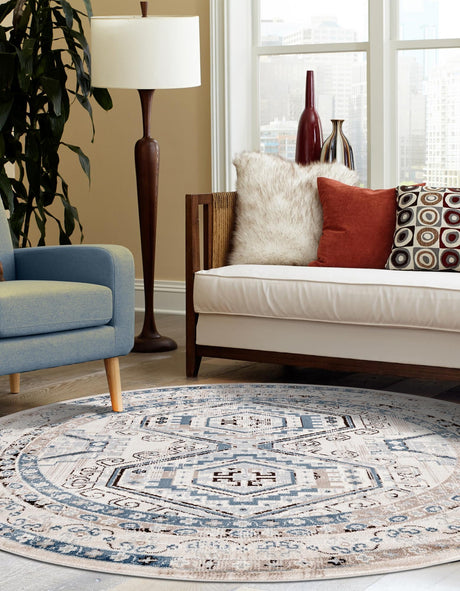 Gray Blue 7' 10 x 7' 10 Charlotte Round Area Rug 100% Polypropylene With Jute Backing Traditional Classical Durable Carpet for Living Dining Office Rooms for Sale at Rug Engine