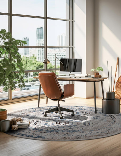 Gray Blue 3' 1 x 3' 1 Charlotte Round Area Rug 100% Polypropylene With Jute Backing Traditional Classical Durable Carpet for Living Dining Office Rooms for Sale at Rug Engine