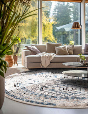 Gray Blue 3' 1 x 3' 1 Charlotte Round Area Rug 100% Polypropylene With Jute Backing Traditional Classical Durable Carpet for Living Dining Office Rooms for Sale at Rug Engine