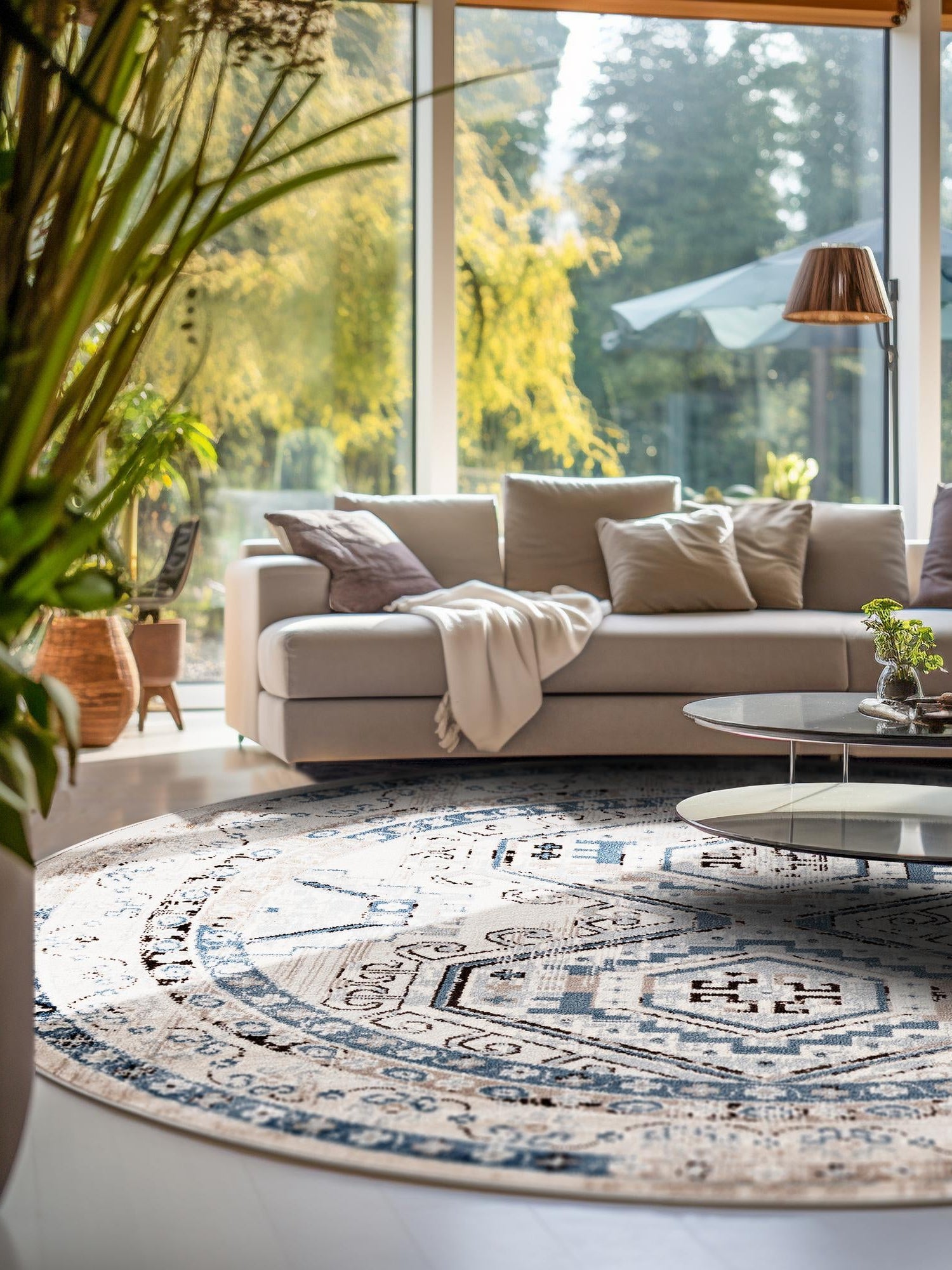 Gray Blue 5' 3 x 5' 3 Charlotte Round Area Rug 100% Polypropylene With Jute Backing Traditional Classical Durable Carpet for Living Dining Office Rooms for Sale at Rug Engine