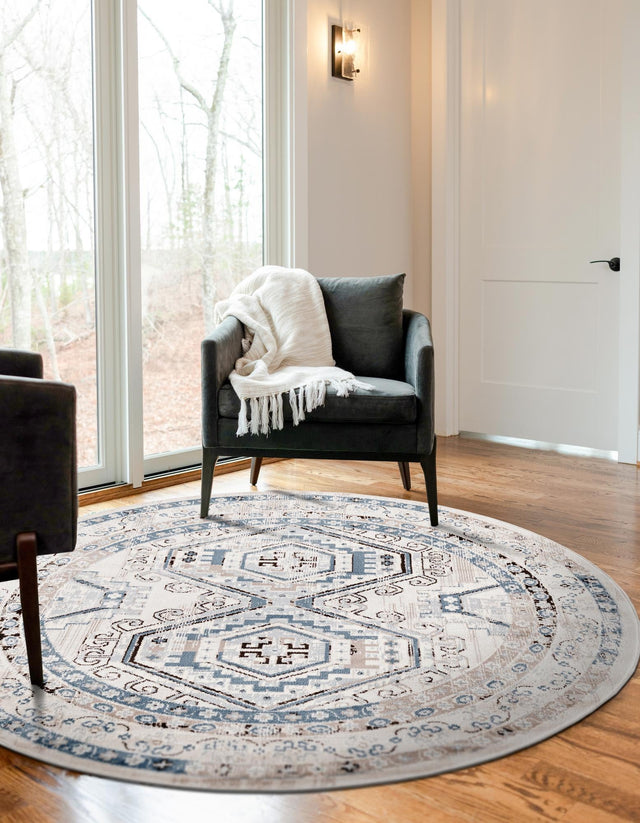 Gray Blue 5' 3 x 5' 3 Charlotte Round Area Rug 100% Polypropylene With Jute Backing Traditional Classical Durable Carpet for Living Dining Office Rooms for Sale at Rug Engine