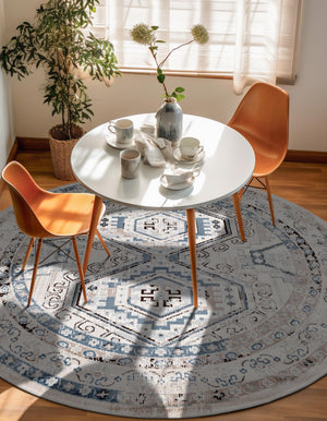 Gray Blue 3' 1 x 3' 1 Charlotte Round Area Rug 100% Polypropylene With Jute Backing Traditional Classical Durable Carpet for Living Dining Office Rooms for Sale at Rug Engine