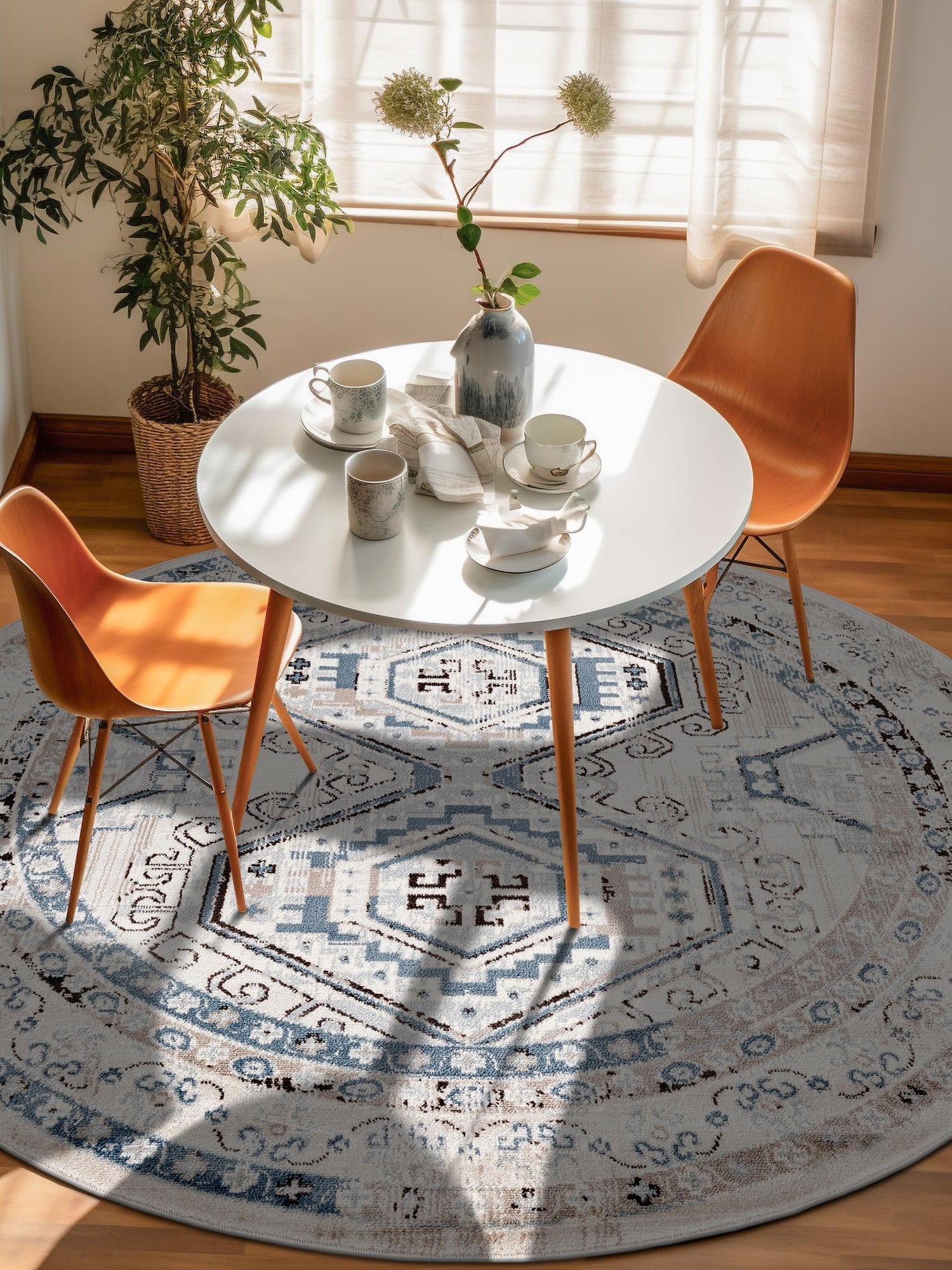 Gray Blue 7' 10 x 7' 10 Charlotte Round Area Rug 100% Polypropylene With Jute Backing Traditional Classical Durable Carpet for Living Dining Office Rooms for Sale at Rug Engine