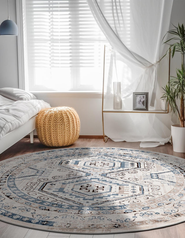 Gray Blue 7' 10 x 7' 10 Charlotte Round Area Rug 100% Polypropylene With Jute Backing Traditional Classical Durable Carpet for Living Dining Office Rooms for Sale at Rug Engine