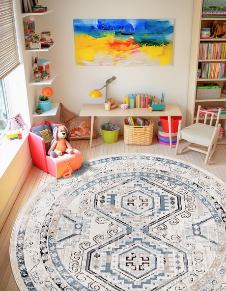 Gray Blue 3' 1 x 3' 1 Charlotte Round Area Rug 100% Polypropylene With Jute Backing Traditional Classical Durable Carpet for Living Dining Office Rooms for Sale at Rug Engine