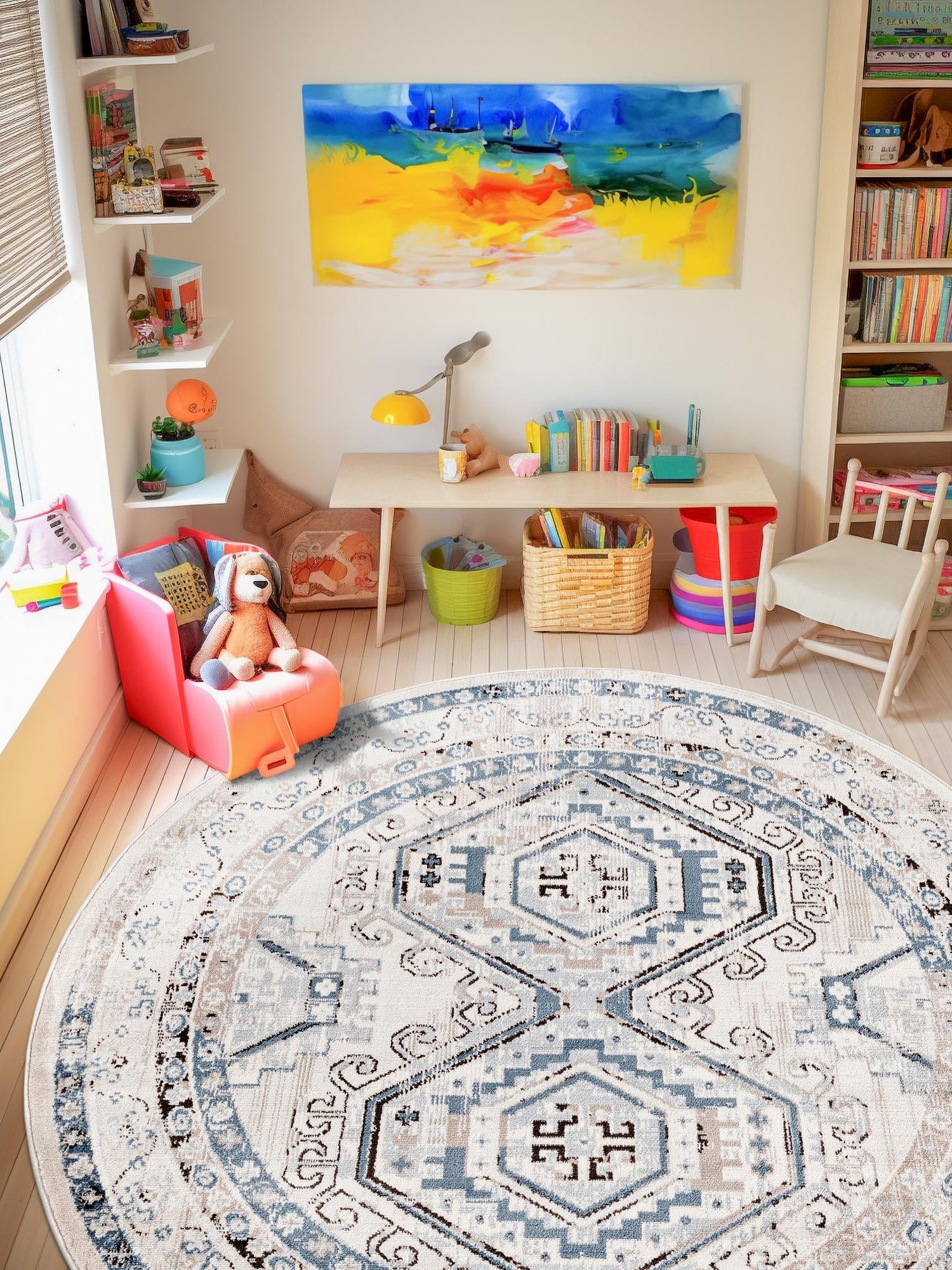 Gray Blue 7' 10 x 7' 10 Charlotte Round Area Rug 100% Polypropylene With Jute Backing Traditional Classical Durable Carpet for Living Dining Office Rooms for Sale at Rug Engine
