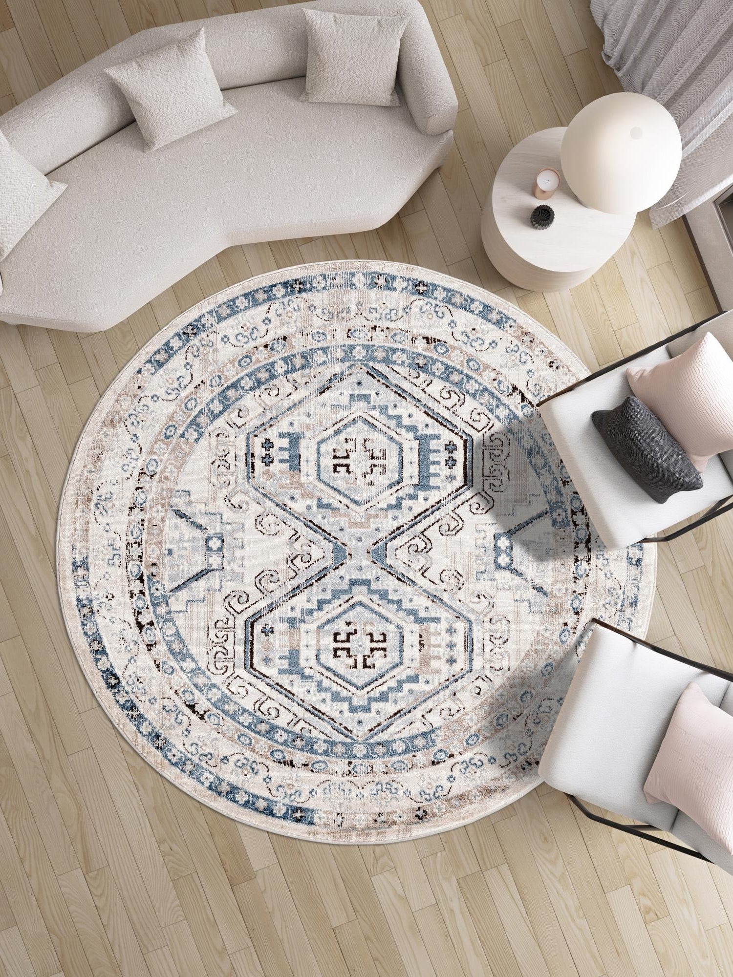 Gray Blue 5' 3 x 5' 3 Charlotte Round Area Rug 100% Polypropylene With Jute Backing Traditional Classical Durable Carpet for Living Dining Office Rooms for Sale at Rug Engine