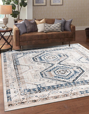 Gray Blue 5' 3 x 5' 3 Charlotte Square Area Rug 100% Polypropylene With Jute Backing Traditional Classical Durable Carpet for Living Dining Office Rooms for Sale at Rug Engine