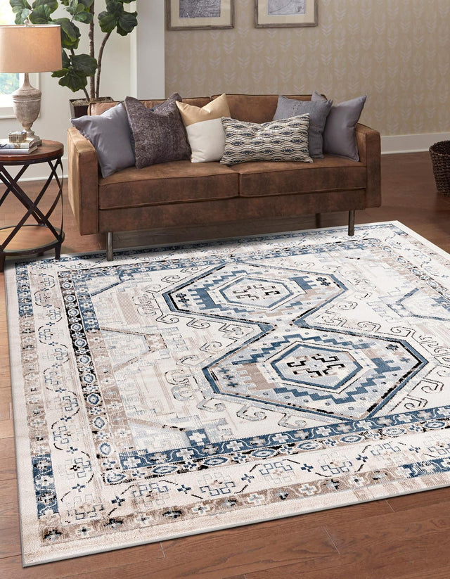Gray Blue 5' 3 x 5' 3 Charlotte Square Area Rug 100% Polypropylene With Jute Backing Traditional Classical Durable Carpet for Living Dining Office Rooms for Sale at Rug Engine
