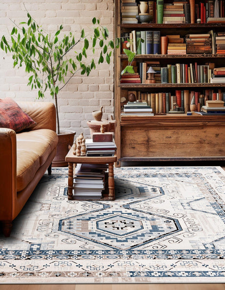 Gray Blue 5' 3 x 5' 3 Charlotte Square Area Rug 100% Polypropylene With Jute Backing Traditional Classical Durable Carpet for Living Dining Office Rooms for Sale at Rug Engine