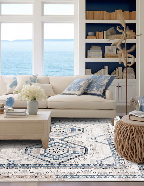 Gray Blue 5' 3 x 5' 3 Charlotte Square Area Rug 100% Polypropylene With Jute Backing Traditional Classical Durable Carpet for Living Dining Office Rooms for Sale at Rug Engine