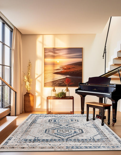 Gray Blue 4' 1 x 4' 1 Charlotte Square Area Rug 100% Polypropylene With Jute Backing Traditional Classical Durable Carpet for Living Dining Office Rooms for Sale at Rug Engine