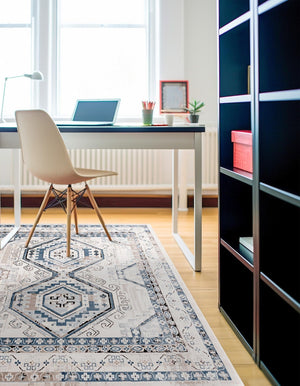 Gray Blue 5' 3 x 5' 3 Charlotte Square Area Rug 100% Polypropylene With Jute Backing Traditional Classical Durable Carpet for Living Dining Office Rooms for Sale at Rug Engine