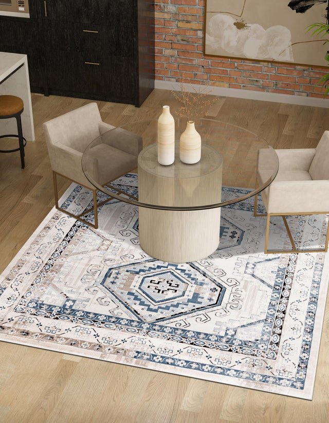 Gray Blue 5' 3 x 5' 3 Charlotte Square Area Rug 100% Polypropylene With Jute Backing Traditional Classical Durable Carpet for Living Dining Office Rooms for Sale at Rug Engine