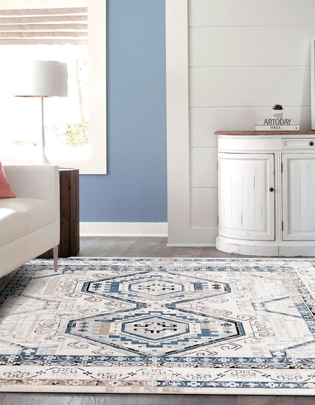 Gray Blue 7' 10 x 7' 10 Charlotte Square Area Rug 100% Polypropylene With Jute Backing Traditional Classical Durable Carpet for Living Dining Office Rooms for Sale at Rug Engine