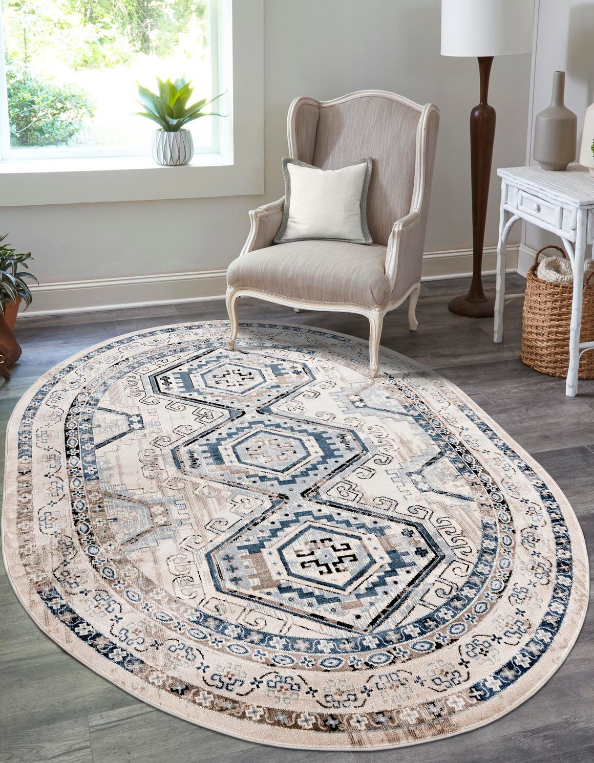 Gray Blue 4' 1 x 6' 1 Charlotte Oval Area Rug 100% Polypropylene With Jute Backing Traditional Classical Durable Carpet for Living Dining Office Rooms for Sale at Rug Engine