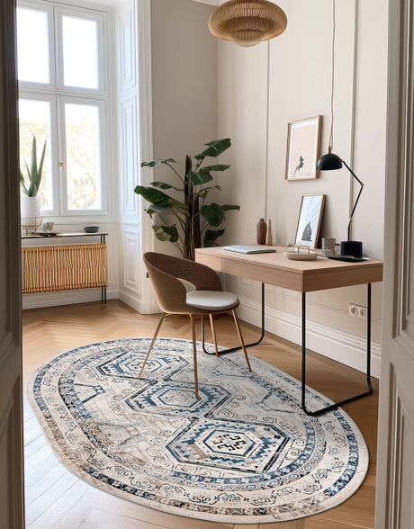 Gray Blue 4' 1 x 6' 1 Charlotte Oval Area Rug 100% Polypropylene With Jute Backing Traditional Classical Durable Carpet for Living Dining Office Rooms for Sale at Rug Engine