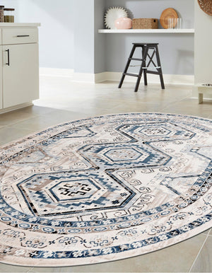 Gray Blue 5' 3 x 8' Charlotte Oval Area Rug 100% Polypropylene With Jute Backing Traditional Classical Durable Carpet for Living Dining Office Rooms for Sale at Rug Engine