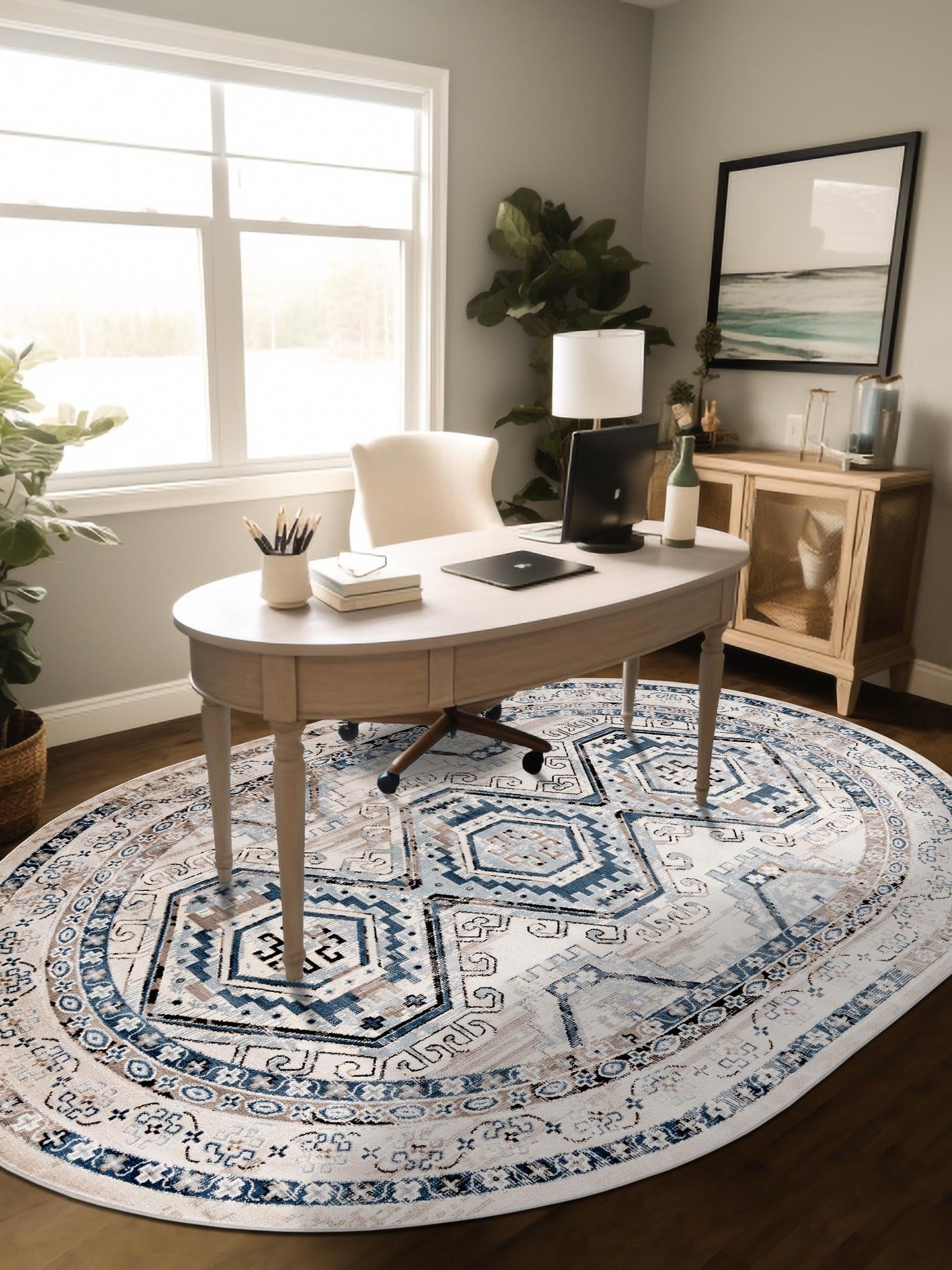 Gray Blue 4' 1 x 6' 1 Charlotte Oval Area Rug 100% Polypropylene With Jute Backing Traditional Classical Durable Carpet for Living Dining Office Rooms for Sale at Rug Engine
