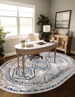 Gray Blue 4' 1 x 6' 1 Charlotte Oval Area Rug 100% Polypropylene With Jute Backing Traditional Classical Durable Carpet for Living Dining Office Rooms for Sale at Rug Engine