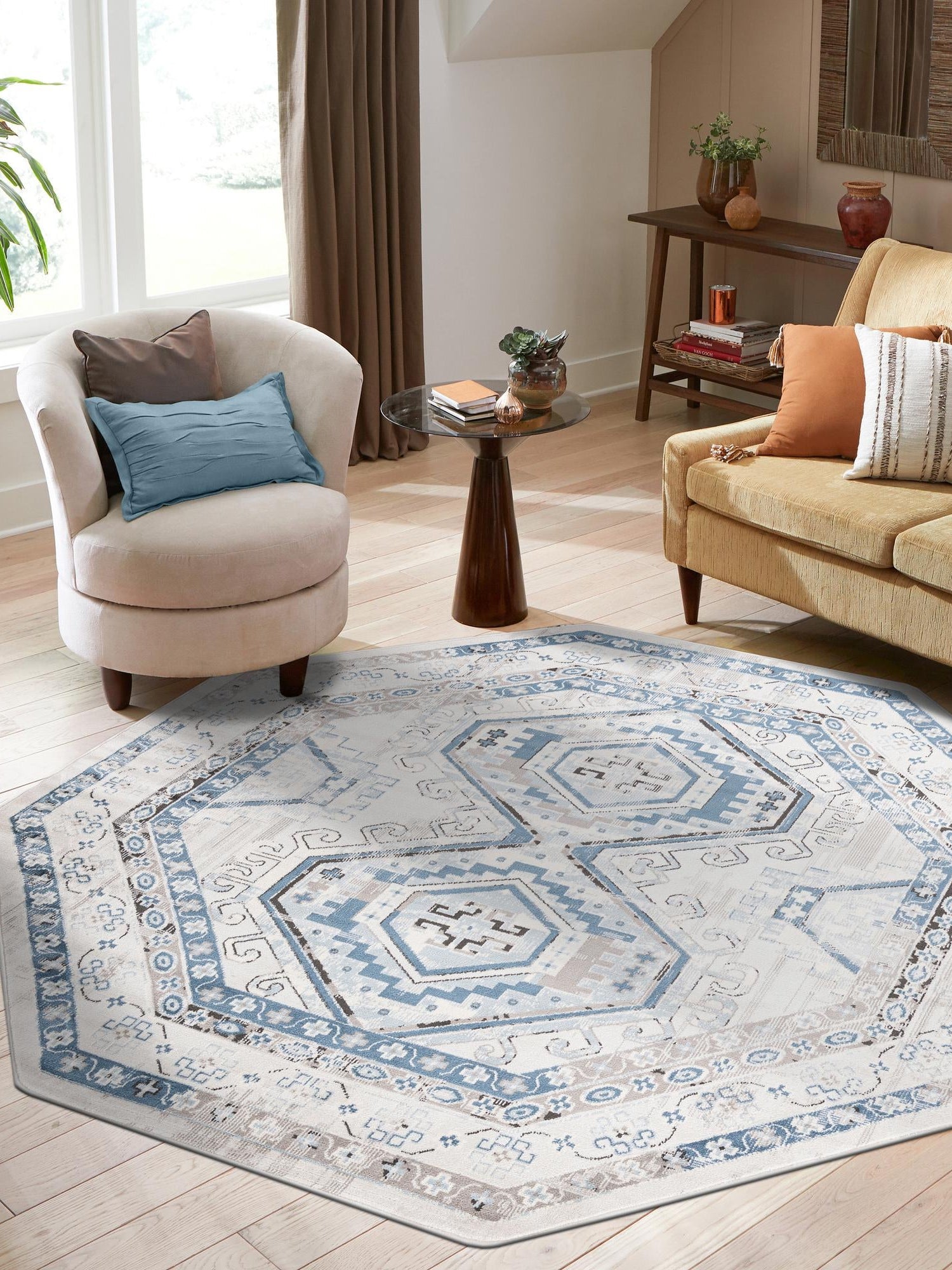 Gray Blue 5' 3 x 5' 3 Charlotte Octagon Area Rug 100% Polypropylene With Jute Backing Traditional Classical Durable Carpet for Living Dining Office Rooms for Sale at Rug Engine