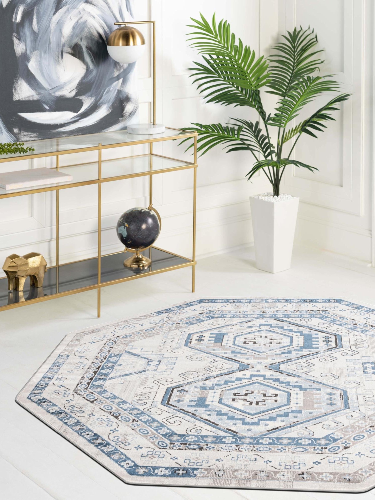 Gray Blue 5' 3 x 5' 3 Charlotte Octagon Area Rug 100% Polypropylene With Jute Backing Traditional Classical Durable Carpet for Living Dining Office Rooms for Sale at Rug Engine