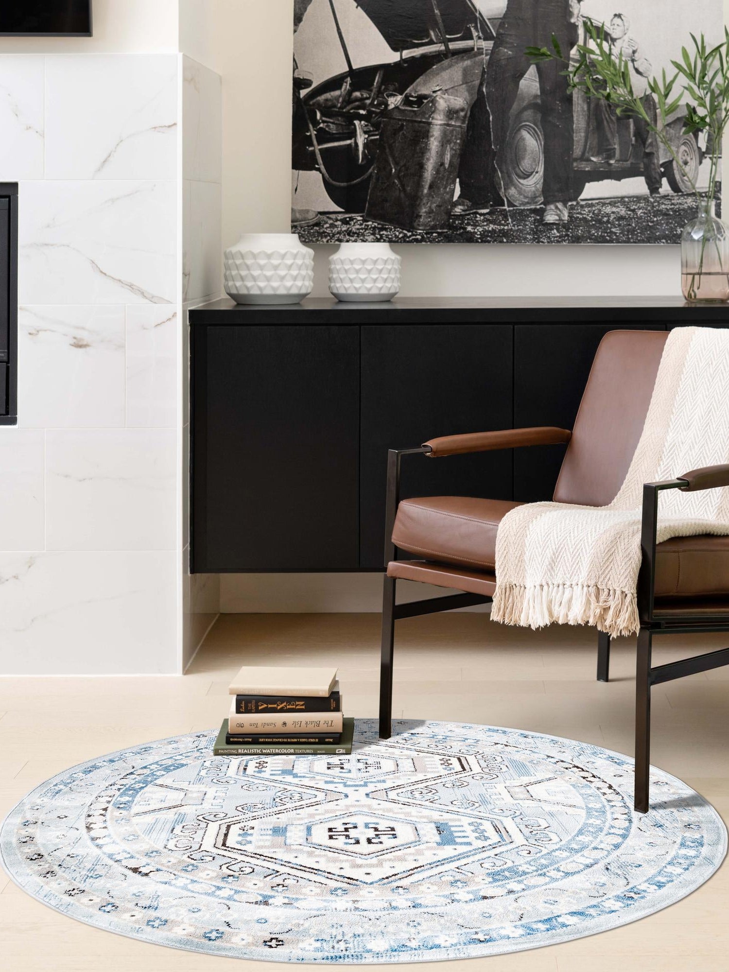 Aqua Blue 5' 3 x 5' 3 Charlotte Round Area Rug 100% Polypropylene With Jute Backing Traditional Classical Durable Carpet for Living Dining Office Rooms for Sale at Rug Engine