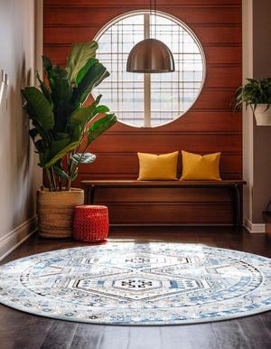 Aqua Blue 7' 10 x 7' 10 Charlotte Round Area Rug 100% Polypropylene With Jute Backing Traditional Classical Durable Carpet for Living Dining Office Rooms for Sale at Rug Engine
