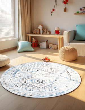 Aqua Blue 7' 10 x 7' 10 Charlotte Round Area Rug 100% Polypropylene With Jute Backing Traditional Classical Durable Carpet for Living Dining Office Rooms for Sale at Rug Engine