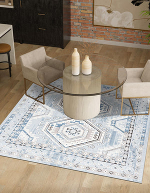 Aqua Blue 5' 3 x 5' 3 Charlotte Square Area Rug 100% Polypropylene With Jute Backing Traditional Classical Durable Carpet for Living Dining Office Rooms for Sale at Rug Engine