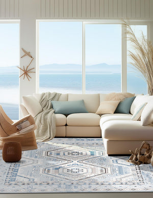 Aqua Blue 7' 10 x 7' 10 Charlotte Square Area Rug 100% Polypropylene With Jute Backing Traditional Classical Durable Carpet for Living Dining Office Rooms for Sale at Rug Engine