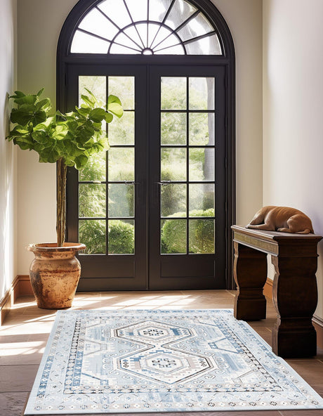 Aqua Blue 4' 1 x 4' 1 Charlotte Square Area Rug 100% Polypropylene With Jute Backing Traditional Classical Durable Carpet for Living Dining Office Rooms for Sale at Rug Engine