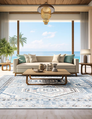 Aqua Blue 5' 3 x 5' 3 Charlotte Square Area Rug 100% Polypropylene With Jute Backing Traditional Classical Durable Carpet for Living Dining Office Rooms for Sale at Rug Engine