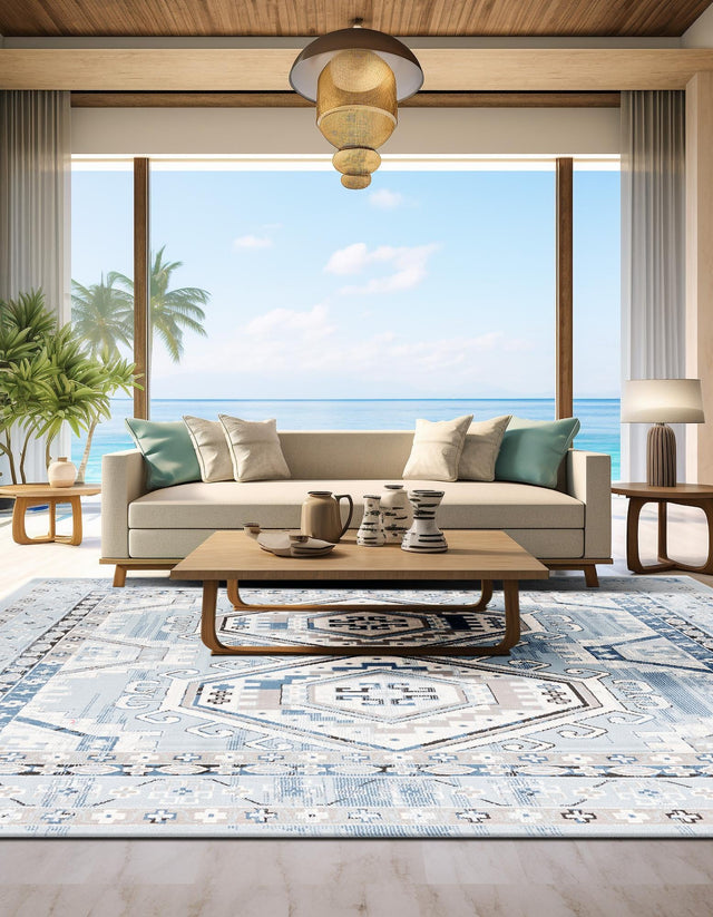 Aqua Blue 7' 10 x 7' 10 Charlotte Square Area Rug 100% Polypropylene With Jute Backing Traditional Classical Durable Carpet for Living Dining Office Rooms for Sale at Rug Engine