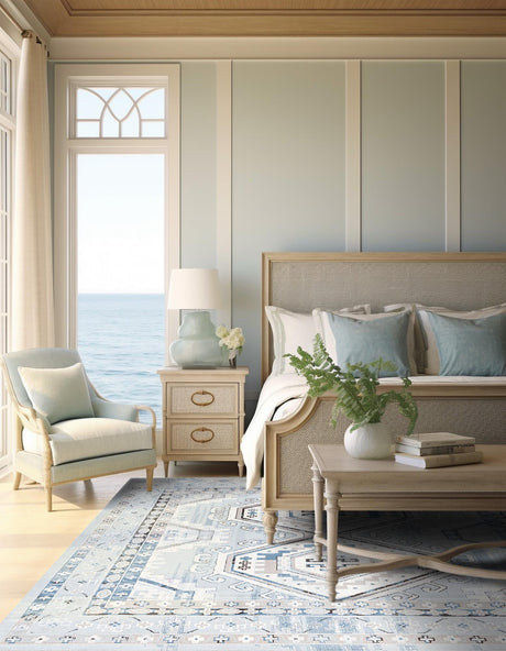 Aqua Blue 7' 10 x 7' 10 Charlotte Square Area Rug 100% Polypropylene With Jute Backing Traditional Classical Durable Carpet for Living Dining Office Rooms for Sale at Rug Engine