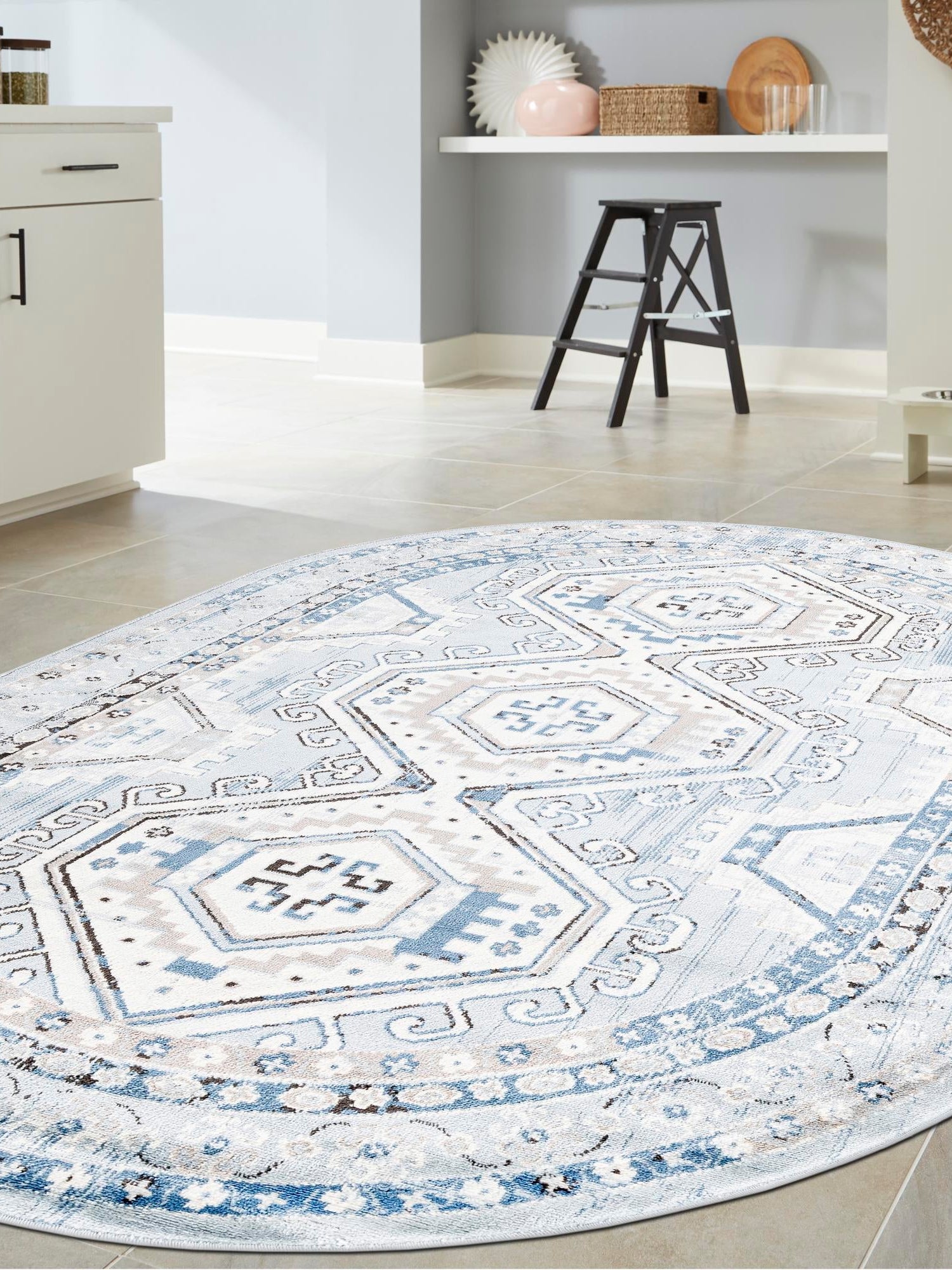 Aqua Blue 4' 1 x 6' 1 Charlotte Oval Area Rug 100% Polypropylene With Jute Backing Traditional Classical Durable Carpet for Living Dining Office Rooms for Sale at Rug Engine