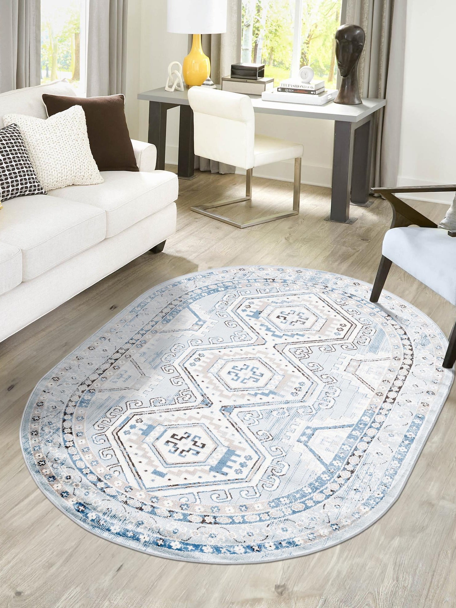 Aqua Blue 5' 3 x 8' Charlotte Oval Area Rug 100% Polypropylene With Jute Backing Traditional Classical Durable Carpet for Living Dining Office Rooms for Sale at Rug Engine