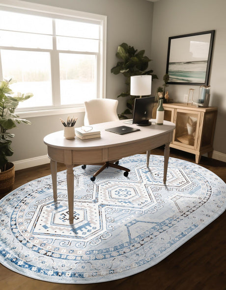 Aqua Blue 7' 10 x 10' Charlotte Oval Area Rug 100% Polypropylene With Jute Backing Traditional Classical Durable Carpet for Living Dining Office Rooms for Sale at Rug Engine