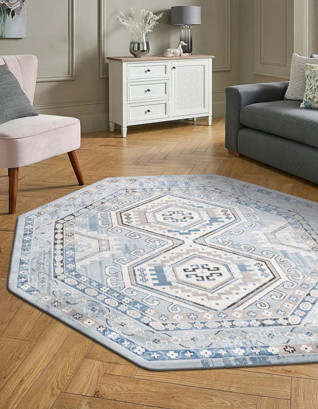 Aqua Blue 5' 3 x 5' 3 Charlotte Octagon Area Rug 100% Polypropylene With Jute Backing Traditional Classical Durable Carpet for Living Dining Office Rooms for Sale at Rug Engine