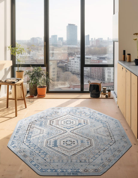 Aqua Blue 5' 3 x 5' 3 Charlotte Octagon Area Rug 100% Polypropylene With Jute Backing Traditional Classical Durable Carpet for Living Dining Office Rooms for Sale at Rug Engine