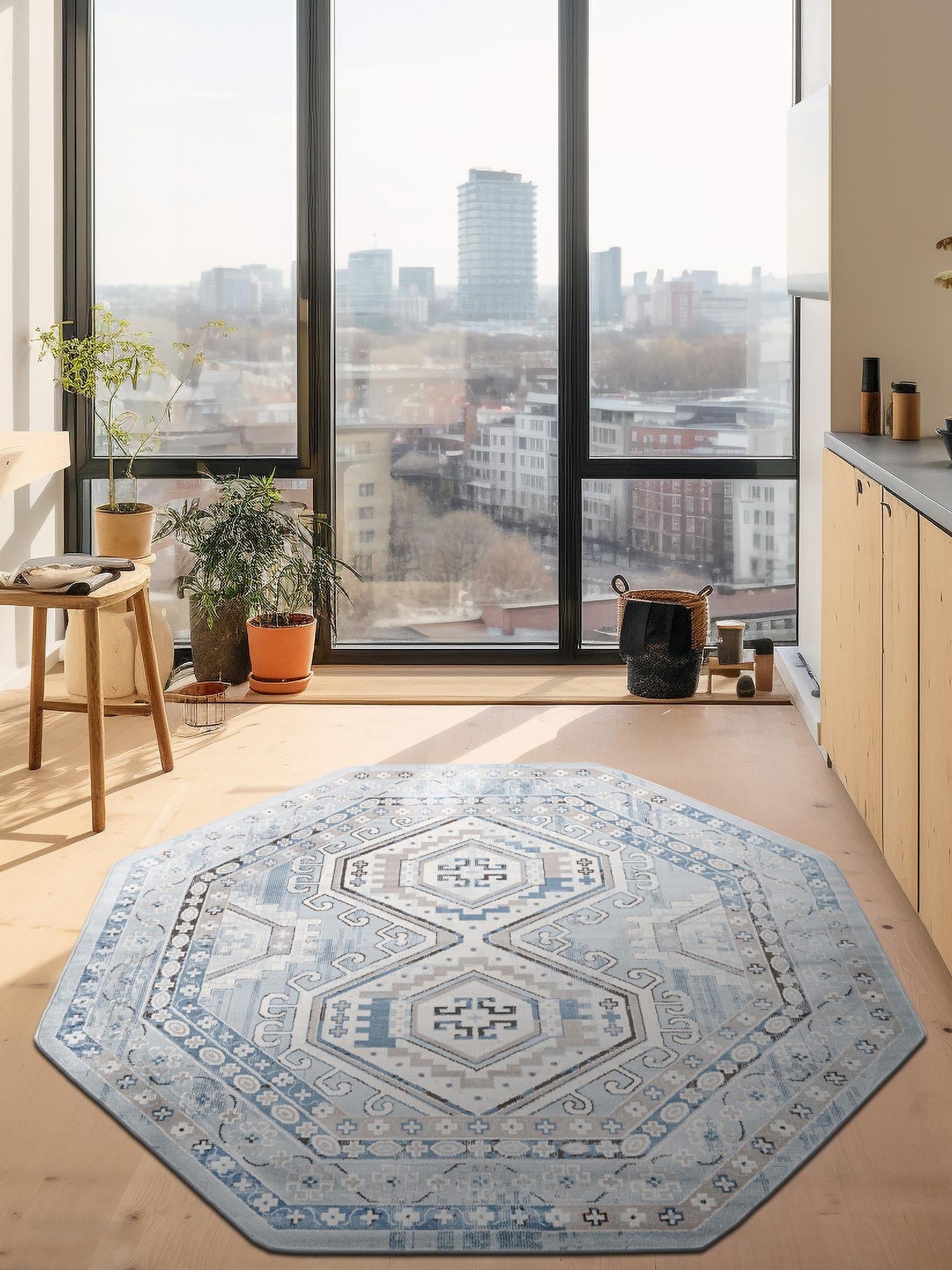 Aqua Blue 7' 10 x 7' 10 Charlotte Octagon Area Rug 100% Polypropylene With Jute Backing Traditional Classical Durable Carpet for Living Dining Office Rooms for Sale at Rug Engine