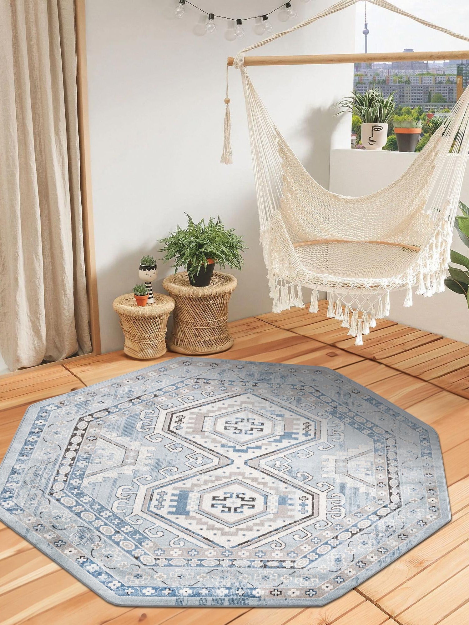 Aqua Blue 7' 10 x 7' 10 Charlotte Octagon Area Rug 100% Polypropylene With Jute Backing Traditional Classical Durable Carpet for Living Dining Office Rooms for Sale at Rug Engine