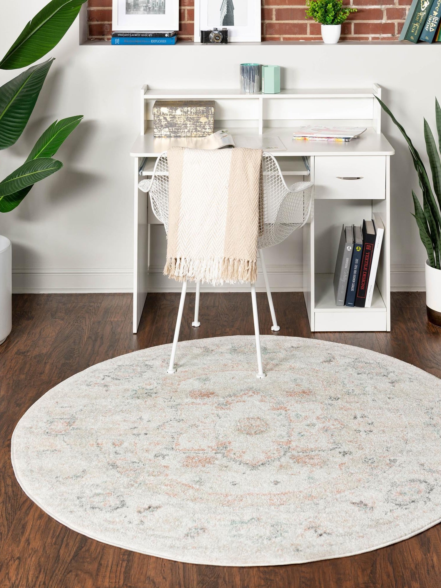Ivory 7' 10 x 7' 10 Madeline Vintage Round Area Rug 100% Polypropylene Distressed Traditional Carpet for Classic Interior Home Design for Sale at Rug Engine