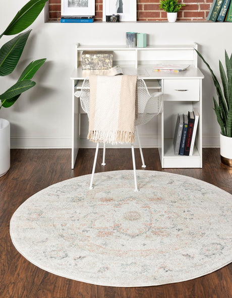 Ivory 7' 10 x 7' 10 Madeline Vintage Round Area Rug 100% Polypropylene Distressed Traditional Carpet for Classic Interior Home Design for Sale at Rug Engine