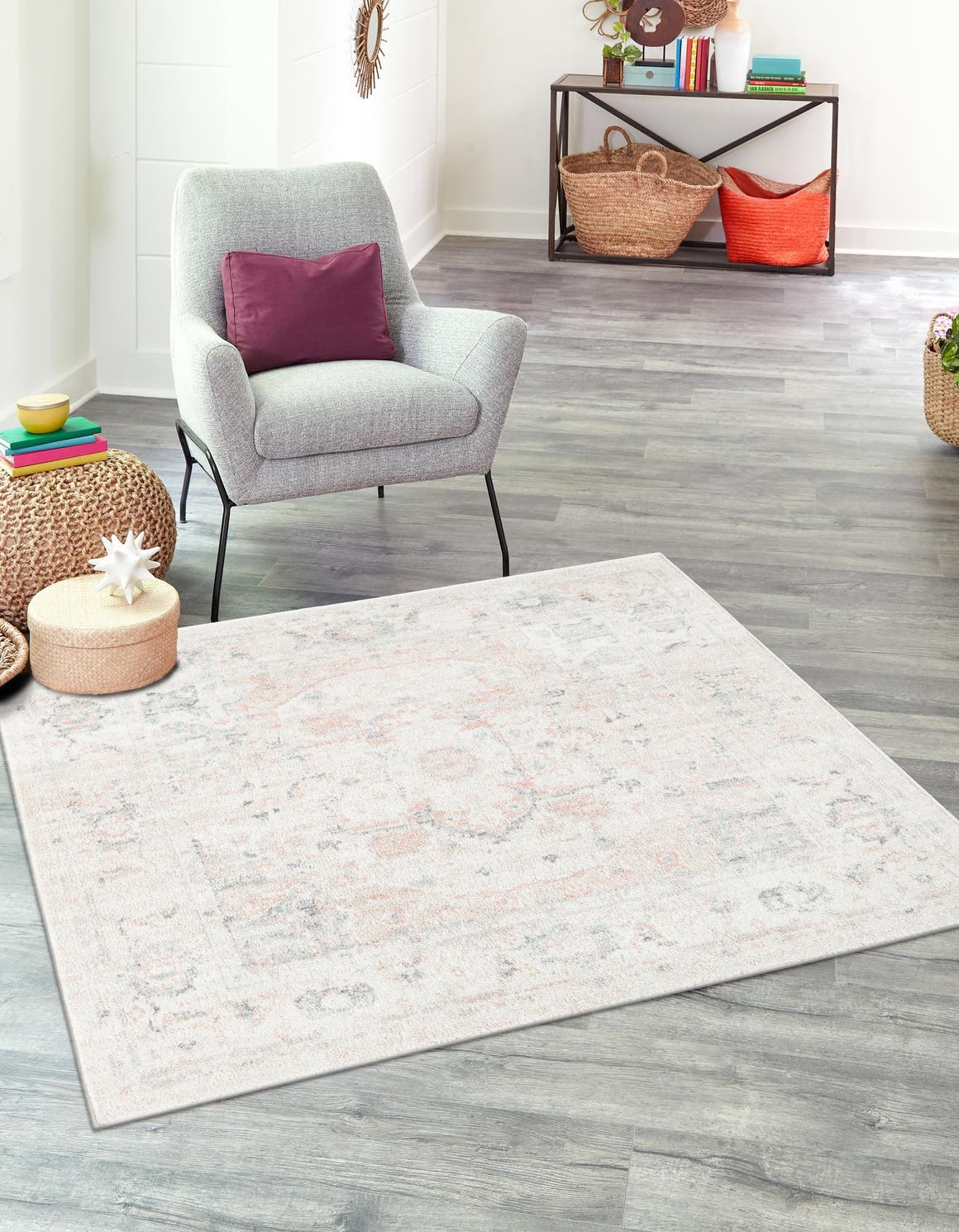 Ivory 7' 1 x 7' 1 Madeline Vintage Square Area Rug 100% Polypropylene Distressed Traditional Carpet for Classic Interior Home Design for Sale at Rug Engine
