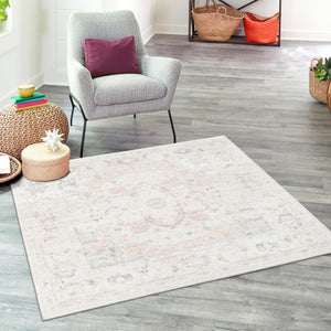 Ivory 4' x 4' Madeline Vintage Square Area Rug 100% Polypropylene Distressed Traditional Carpet for Classic Interior Home Design for Sale at Rug Engine
