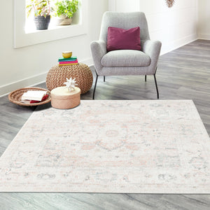 Ivory 4' x 4' Madeline Vintage Square Area Rug 100% Polypropylene Distressed Traditional Carpet for Classic Interior Home Design for Sale at Rug Engine