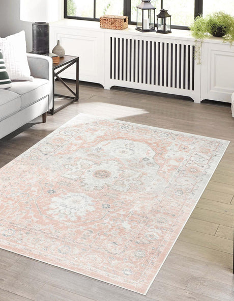 Rose Pink 9' x 12' Madeline Vintage Rectangle Area Rug 100% Polypropylene Distressed Traditional Carpet for Classic Interior Home Design for Sale at Rug Engine