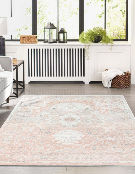 Rose Pink 9' x 12' Madeline Vintage Rectangle Area Rug 100% Polypropylene Distressed Traditional Carpet for Classic Interior Home Design for Sale at Rug Engine
