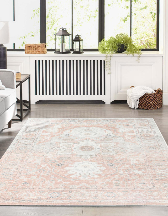 Rose Pink 9' x 12' Madeline Vintage Rectangle Area Rug 100% Polypropylene Distressed Traditional Carpet for Classic Interior Home Design for Sale at Rug Engine